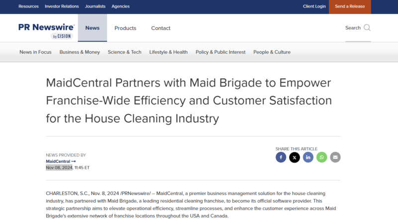 MaidCentral Partners with Maid Brigade to Empower Franchise-Wide Efficiency and Customer Satisfaction for the House Cleaning Industry